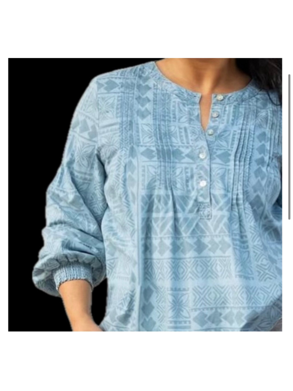Women's TANOA Safune Light Blue & Grey Patterned Blouse Demin Size XL